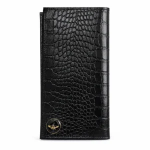 کیف پول کتی چرمی مشکی طرح لیزارد با پلاک نماد فروهر از ورق طلا ۲۴ عیار دانژه