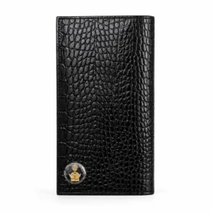 کیف پول کتی چرمی مشکی طرح لیزارد اونیکس با پلاک تاج ورق طلا ۲۴ عیار دانژه